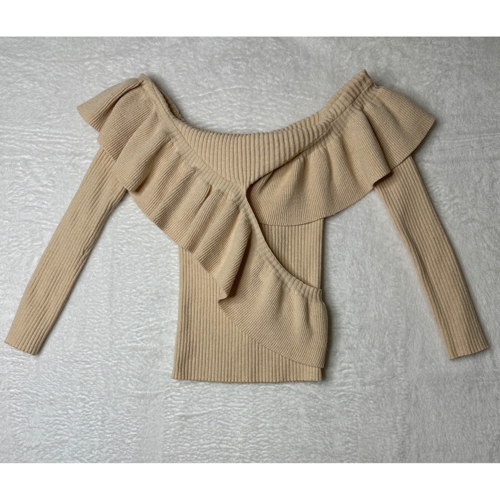 Tularosa Ruffle Off Shoulder Sweater Womens Small Beige Ribbed Knit Long Sleeve
